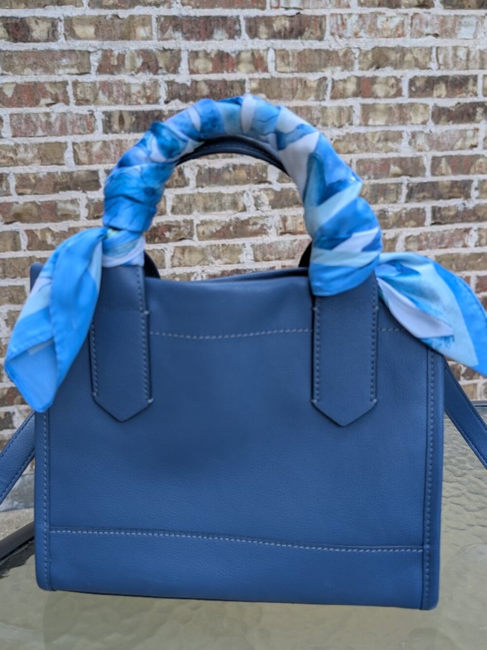 FOSSIL Blue Leather Medium Tote Bag + Bag Scarf